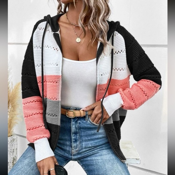 Boho color block zip up drawstring hooded knit sweater - Picture 3 of 5